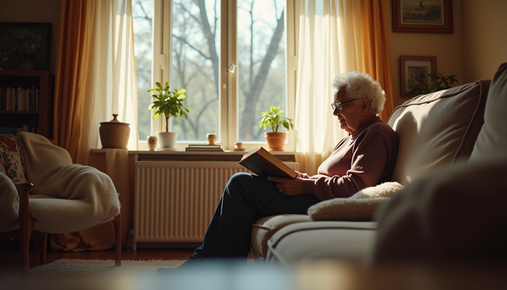 Eye-level view of a cozy living room with a senior reading a book near a window