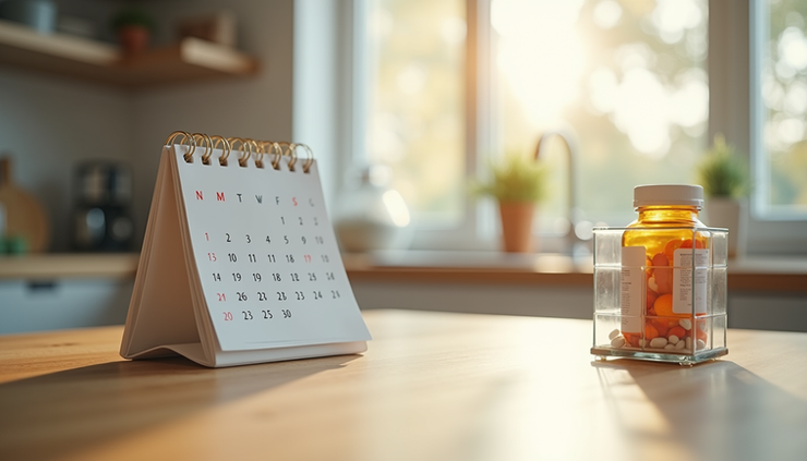 Eye-level view of a kitchen table with a calendar and medication organizer