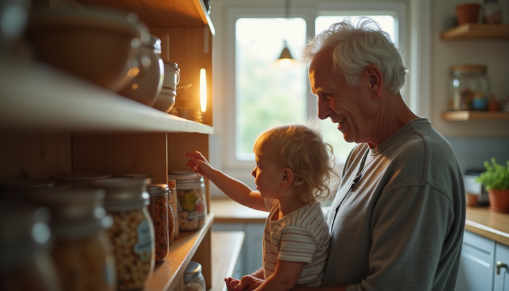 Eye-level view of adult child checking kitchen shelves in elderly parent's home