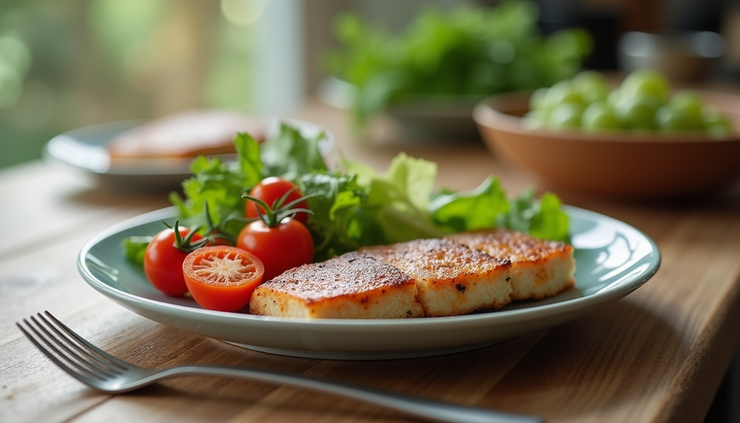 Close-up of a simple, nutritious meal plate on a kitchen table