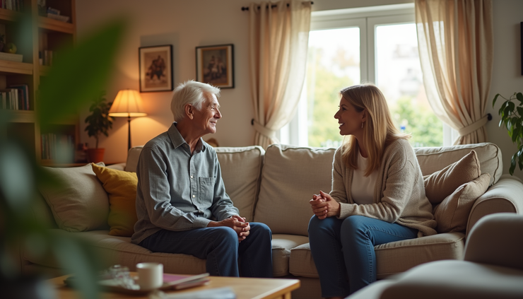 Wide angle view of a cozy living room with a senior and caregiver sharing a warm conversation