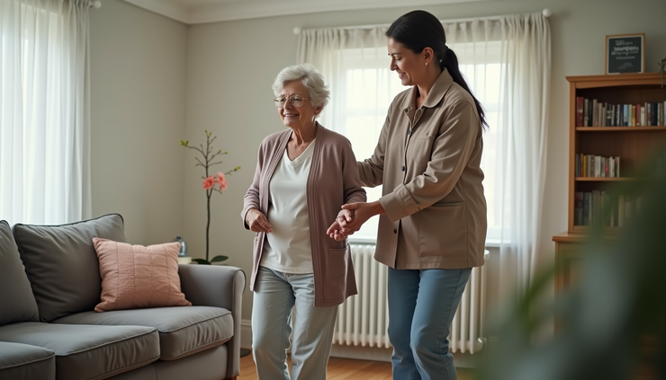 Eye-level view of a caregiver gently assisting an elderly woman with walking in a cozy living room