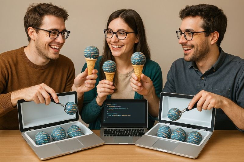 A group of people dipping software ice cream out of laptop bodies on a table, comparing their flavors that all look the same.