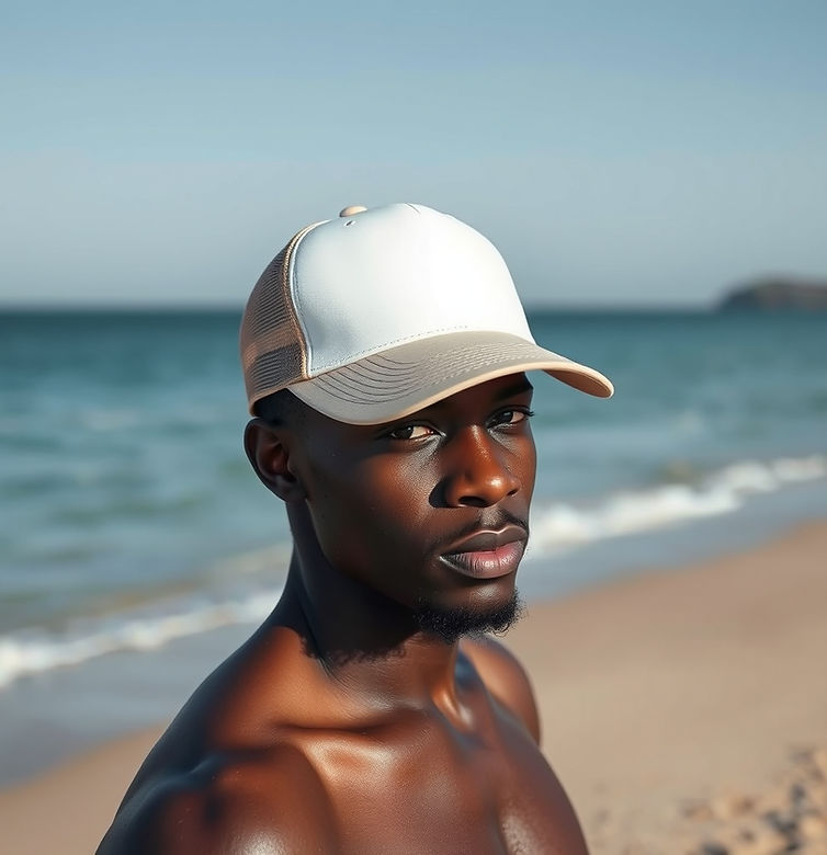 Black man wearing a blank trucker hat on beach .jpg
