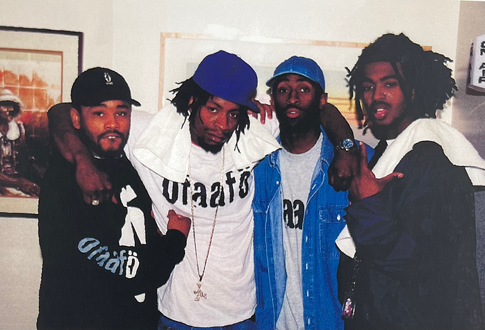 3 ofaafö creators with rapper Mr. Cheeks from Lost Boys group wearing ofaafö t-shirts