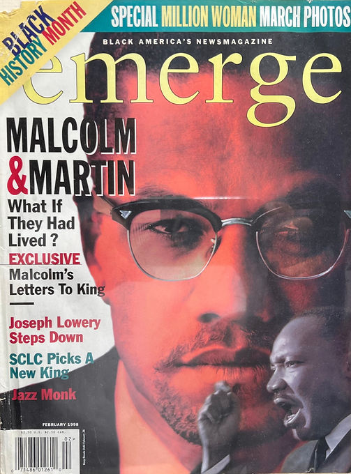 photo of emerge magazine cover with full picture of malcolm x and smaller picture of martin luther king - cover of issue with FAMILY tees inside