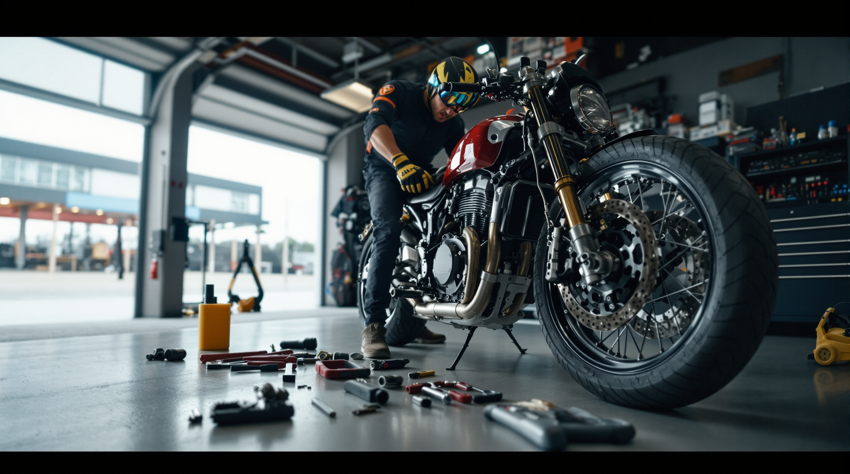 Motorcycle pre-track inspection in a garage