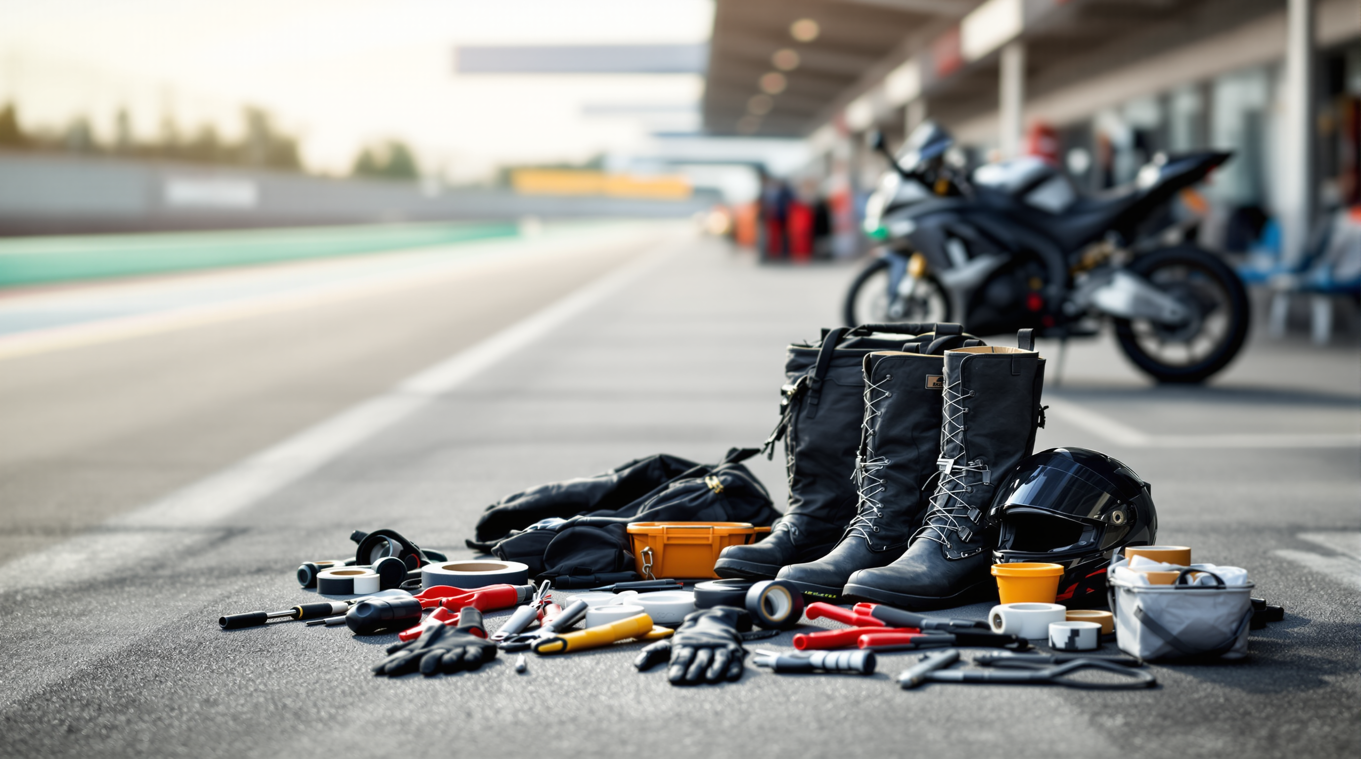 Track day packing essentials laid out in a paddock