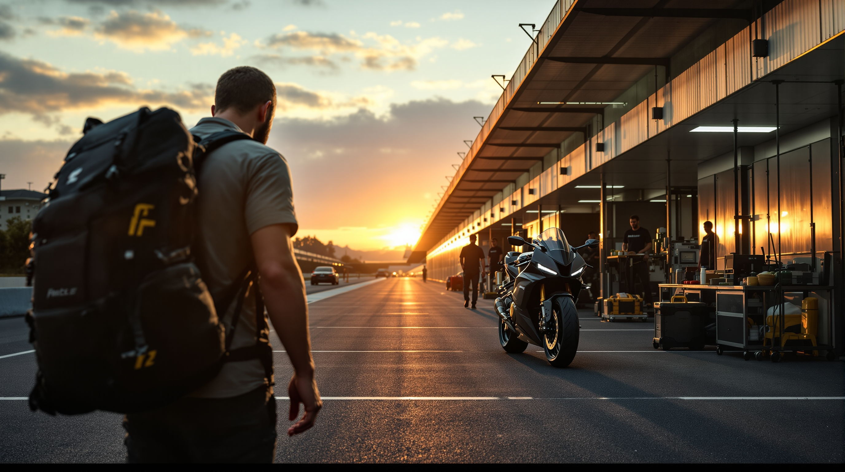 Full-service motorcycle track day with rider arriving to a prepared pit