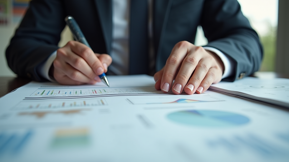 Eye-level view of a business owner reviewing a detailed operational plan on a desk