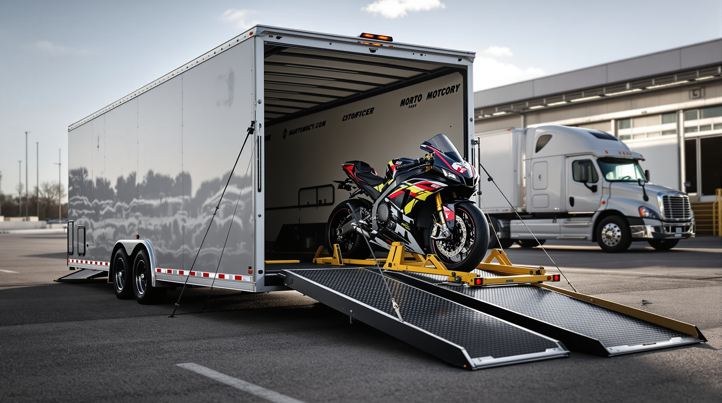Motorcycle secured in a trailer for transport to the track