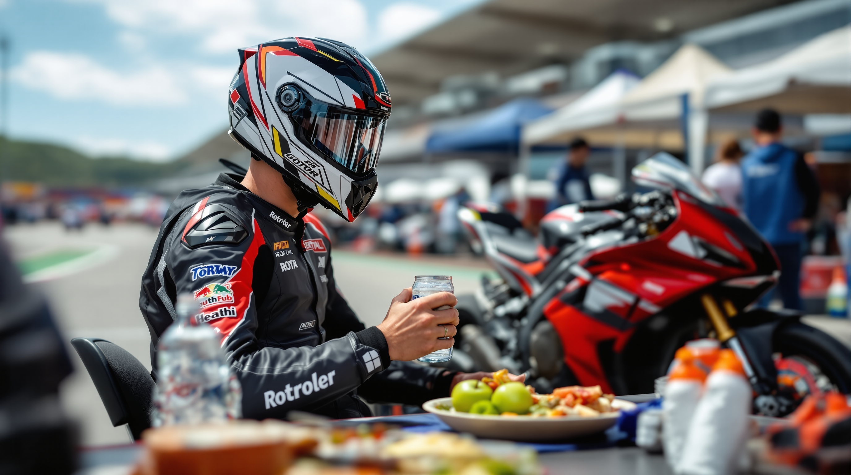 Motorcycle track day rider eating a healthy meal and drinking water