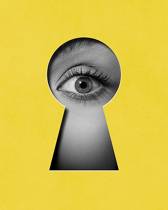 Hidden secrets. Female eye attentively looking into keyhole against yellow background. Con