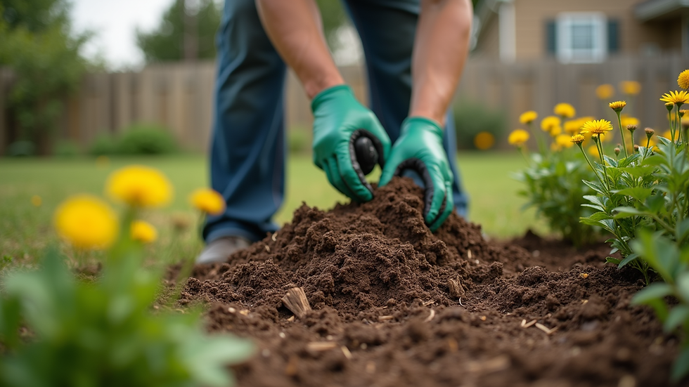 Close-up view of a gardener spreading organic mulch around flower beds in a Fort Smith backyard