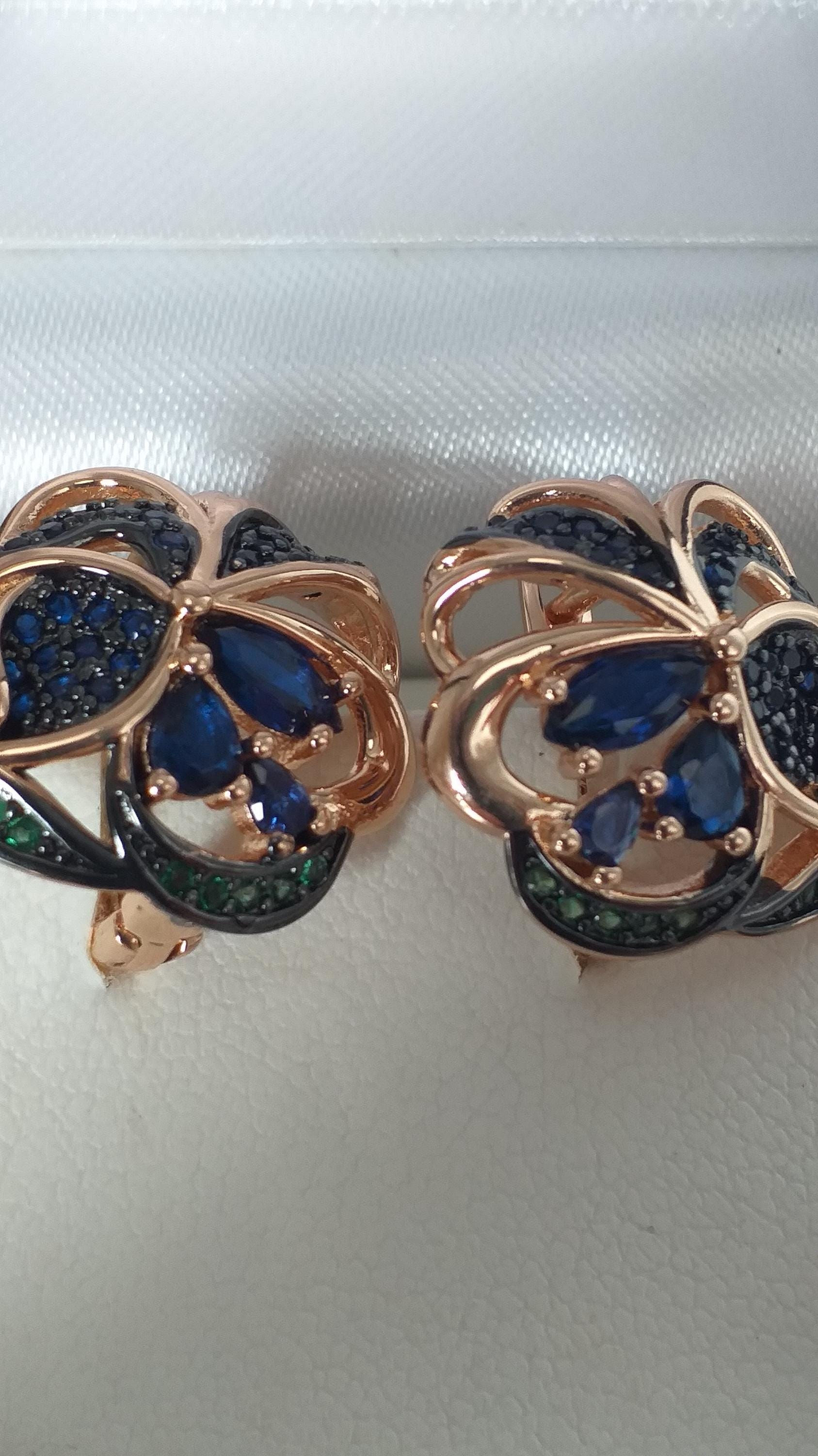 Vintage 1990-s 14 Ct Rolled Gold Sapphire & Emerald Earrings