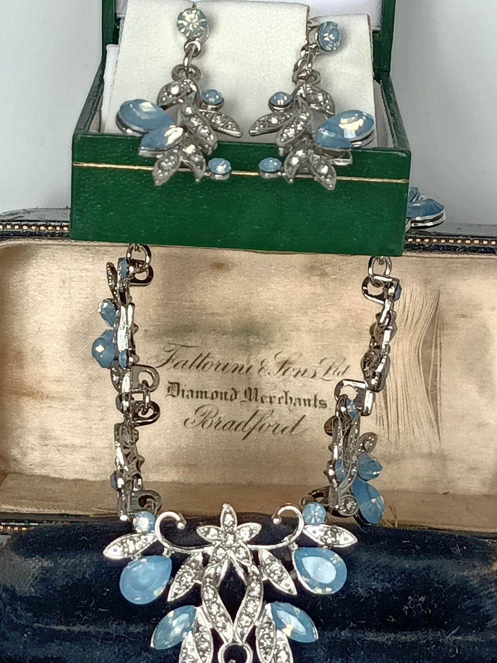Thumbnail: Vintage Crystal Austria Design Sky Blue Necklace Earrings Set