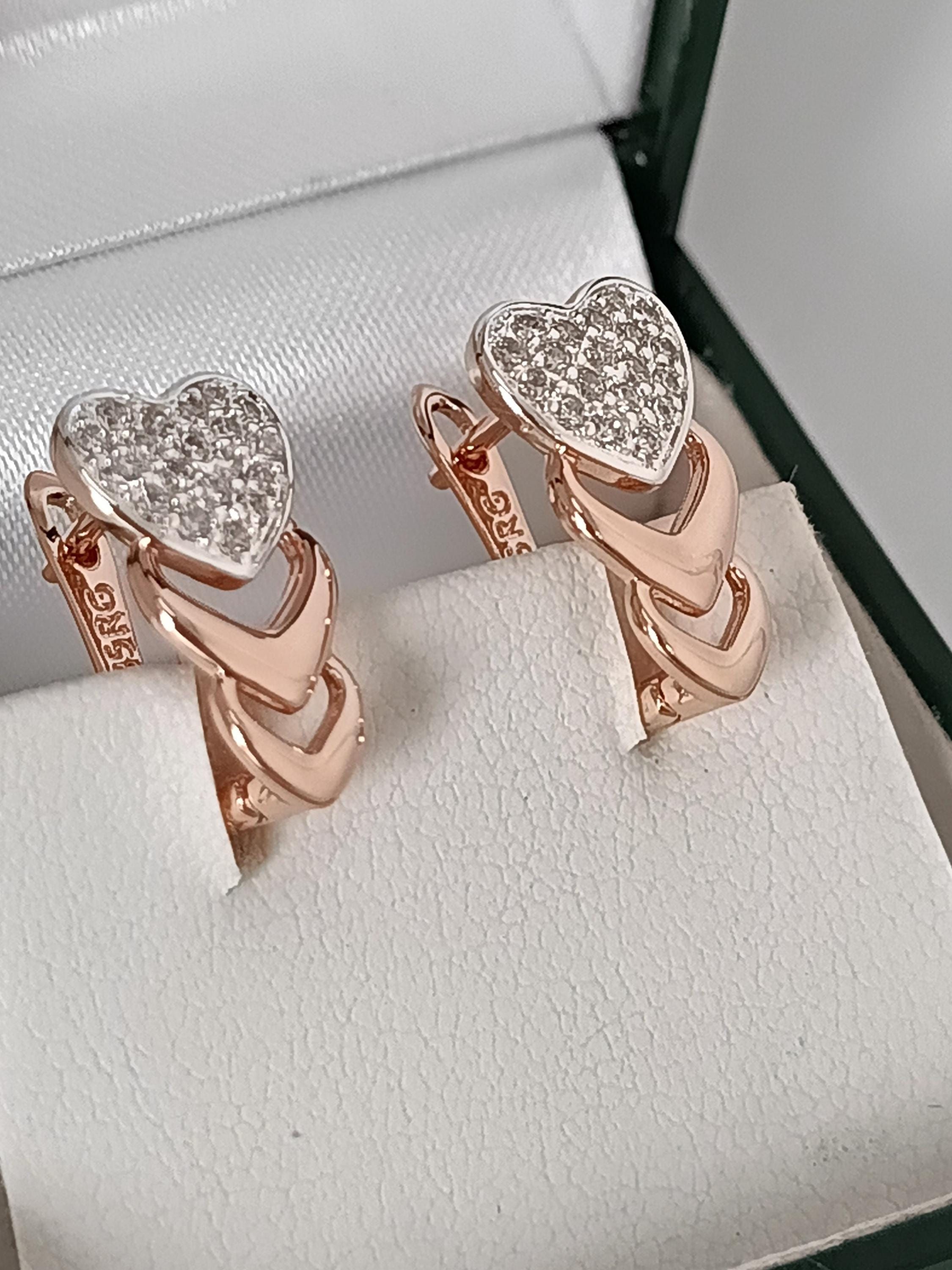Vintage 1990-s 14 Ct Rolled Gold Zircons Heart Earrings-Hallmarked 585 RG