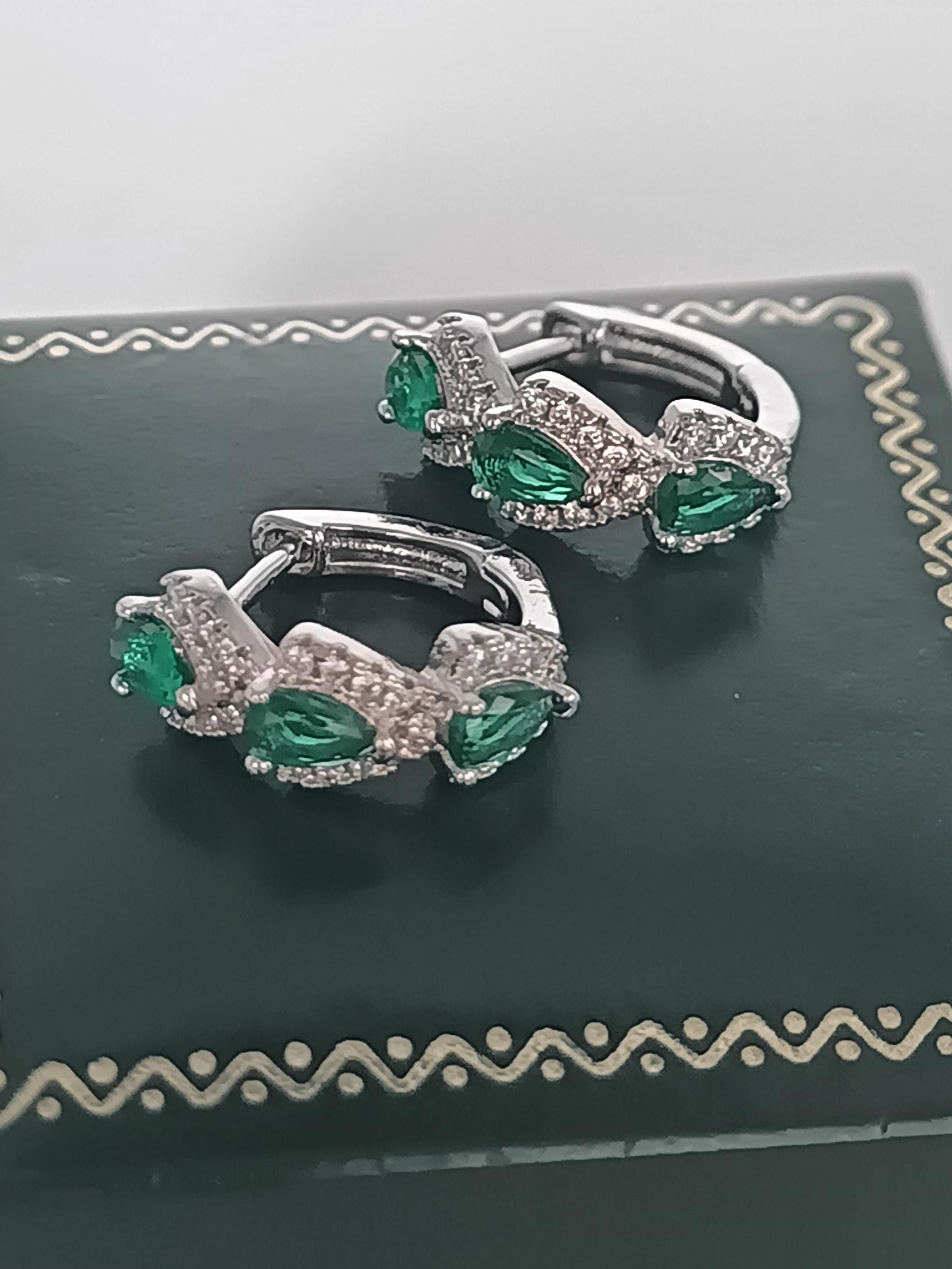 Vintage 1990-s 925 Sterling Silver Emerald Earrings- Hallmarked Lily.