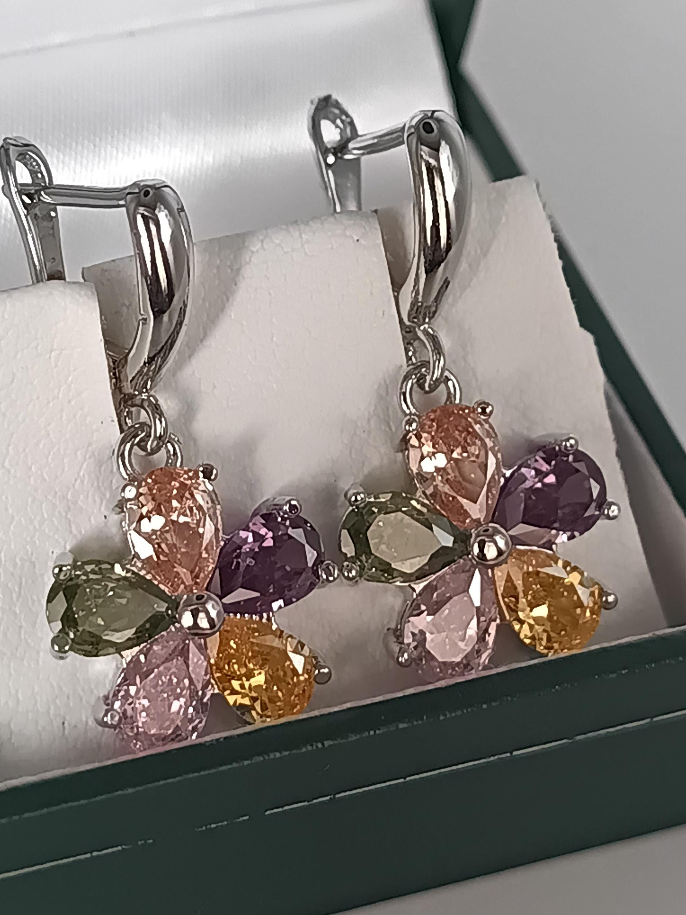 Vintage 1990s 925 Silver Large Amethyst Multicolour Earrings - Hallmarked