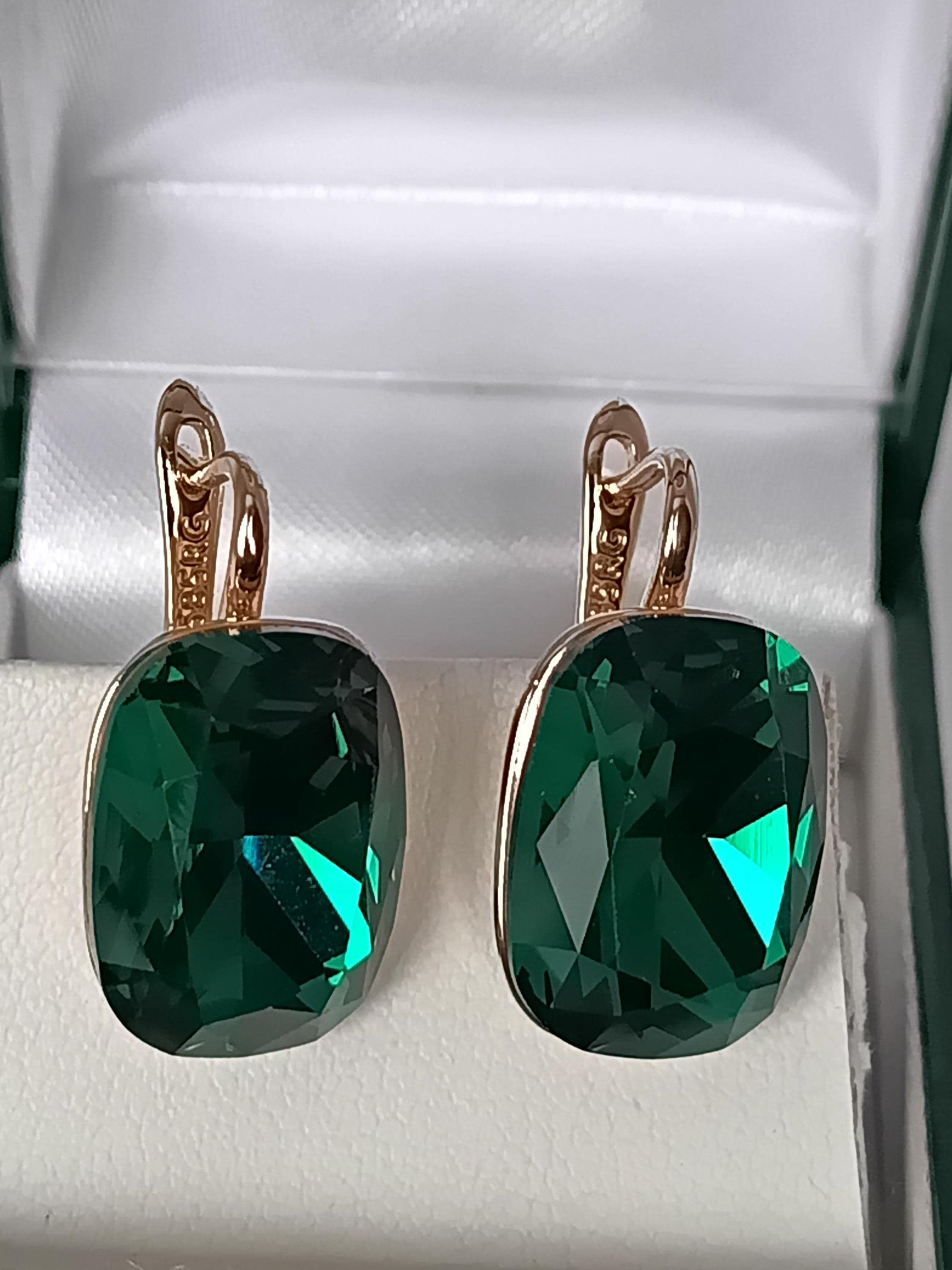 Vintage 1990s 14 Ct Rolled Gold Large Green Emerald Earrings