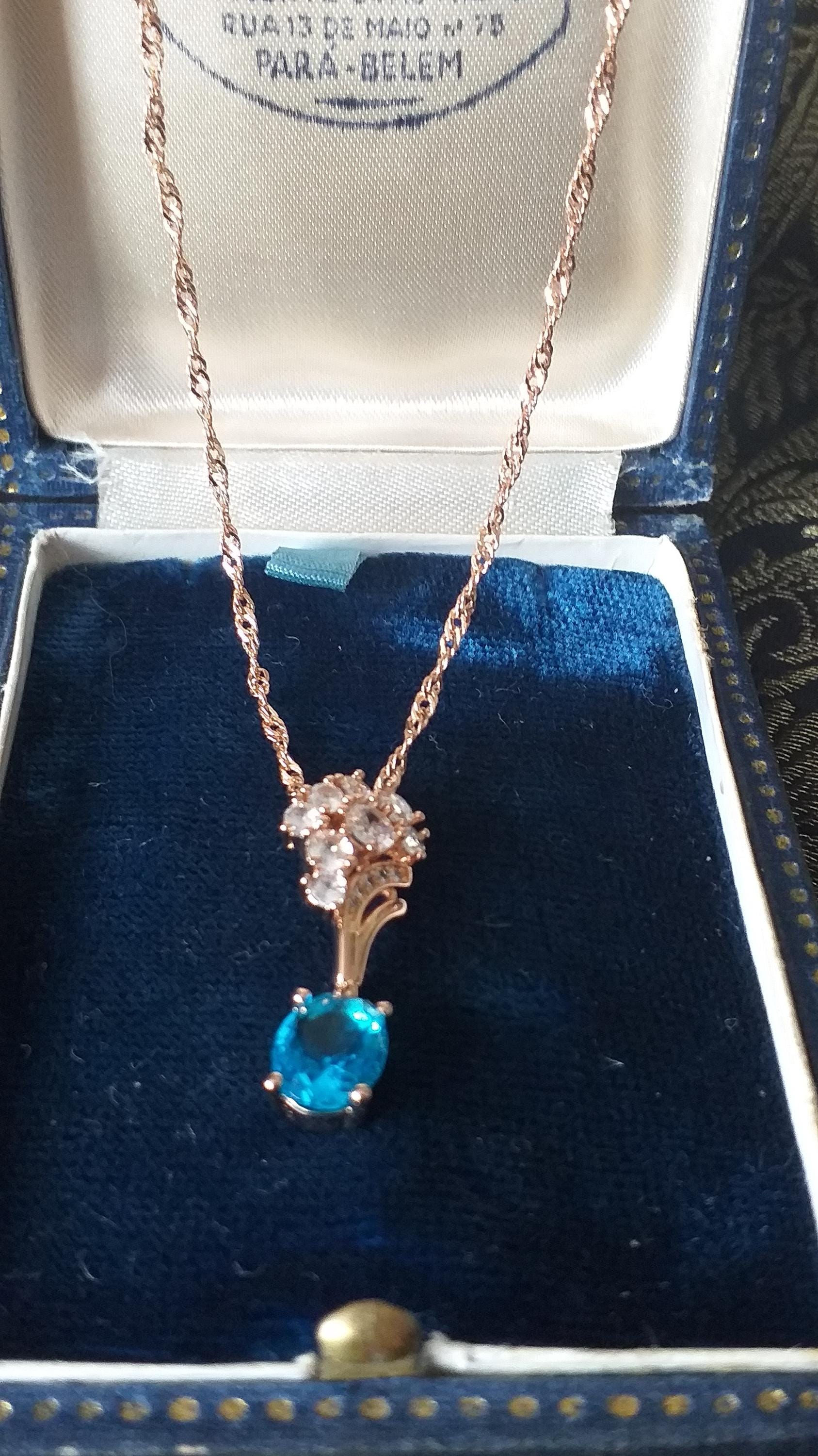 Vintage 1990-s 14 CT Rolled Gold Aquamarine Pendant on Chain-Hallmarked 585 RG