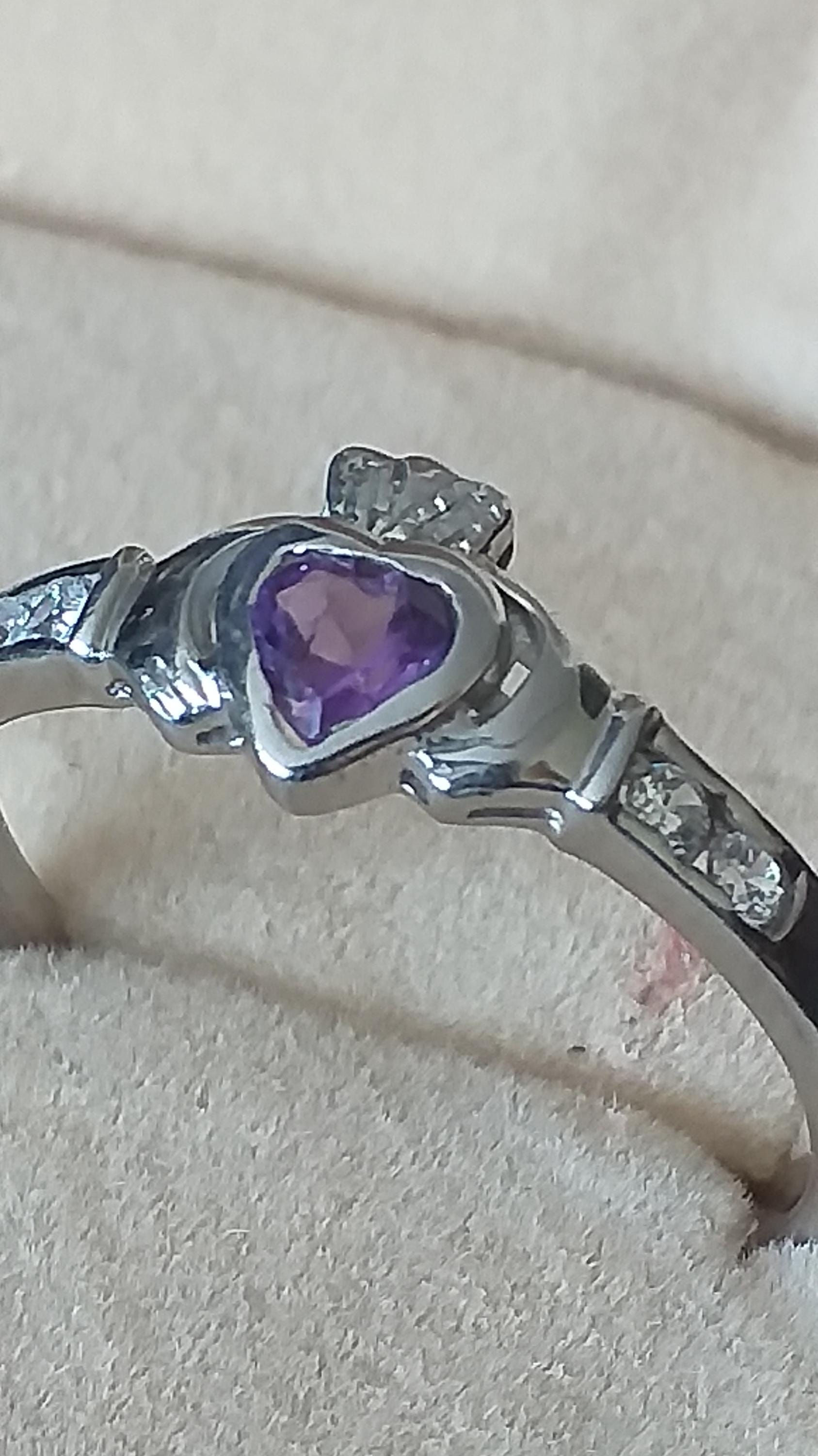 Vintage Amethyst Claddagh Ring: 925 Sterling Silver Celtic Design, US 8.75
