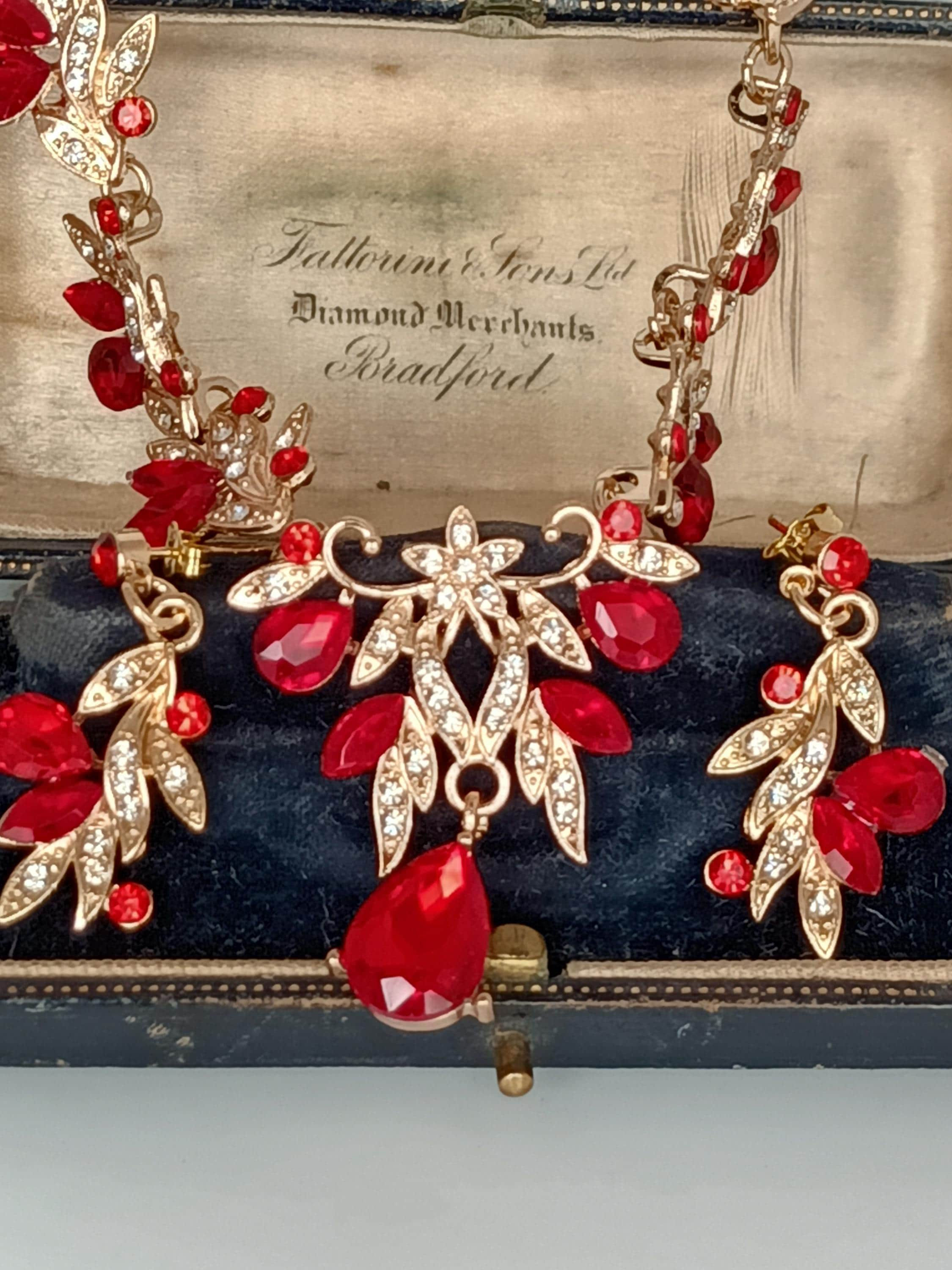 Vintage 1990-s Crystal Austria Design Red Necklace and Earrings Set in Gold Tone