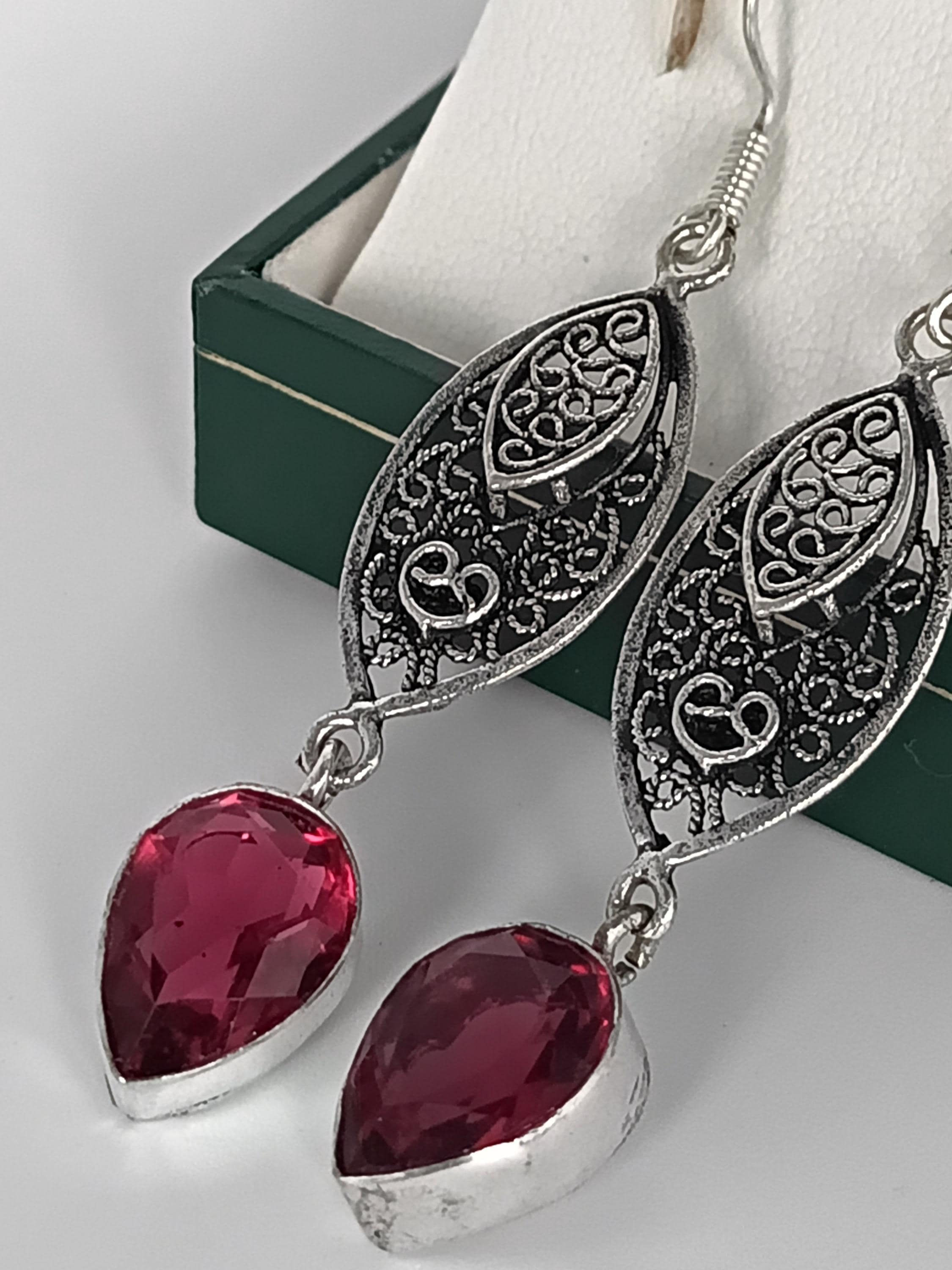Vintage 1990-s 925 Sterling Silver Large Ruby Earrings - Hallmarked.