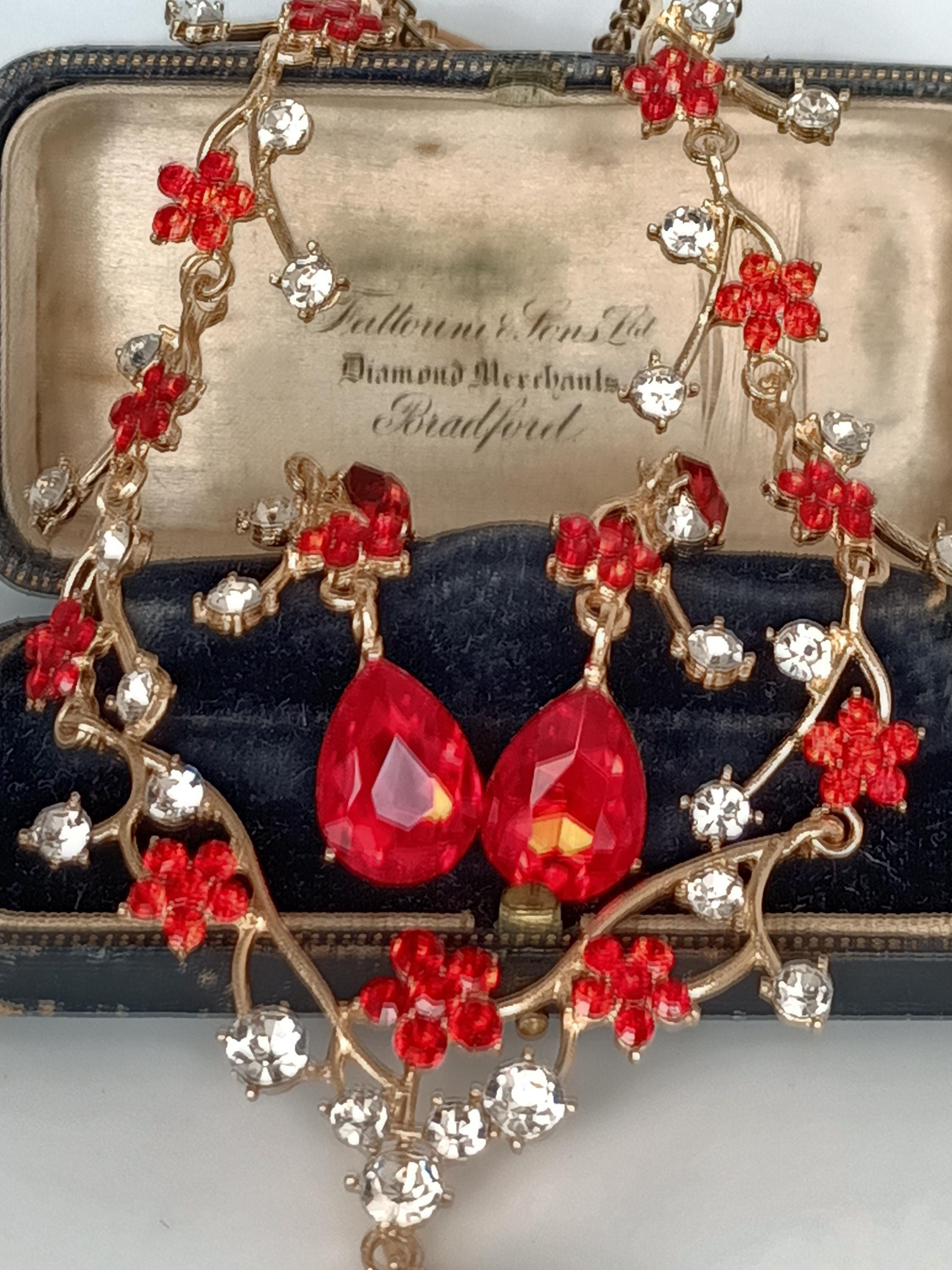 Vintage 1990-s Crystal Austria Design Red Necklace and Earrings Set in Gold Tone