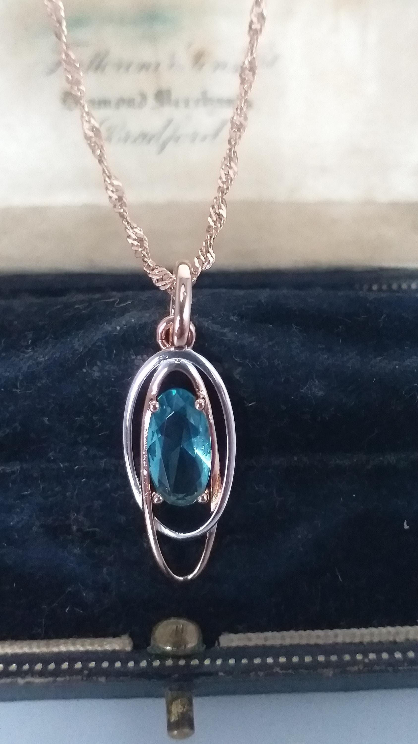 Vintage 1990-s 14 CT Rolled Gold Aquamarine Pendant on Chain-Hallmarked 585 RG