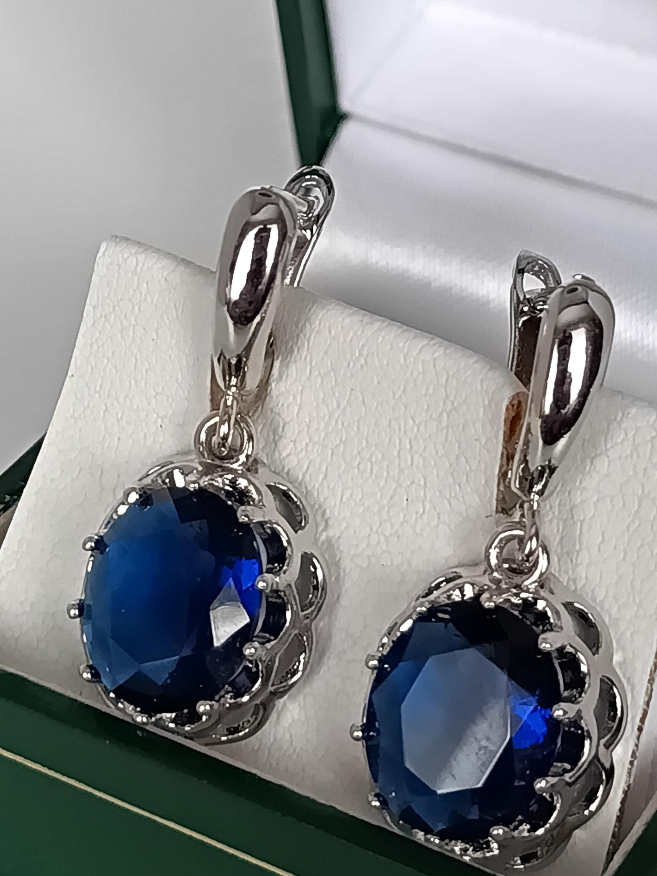 Vintage 1990-s 925 Sterling Silver Sapphire Earrings-Hallmarked 925