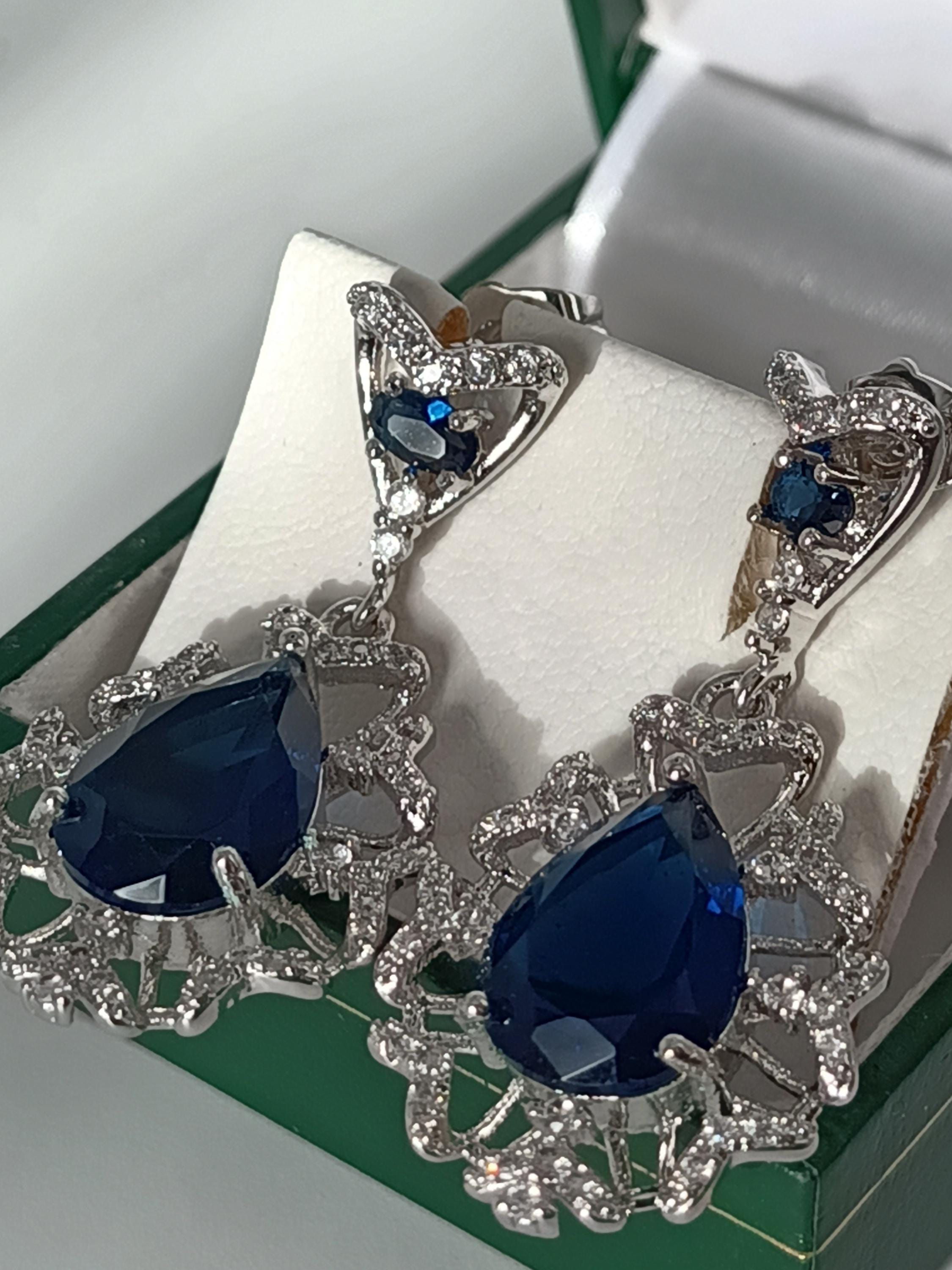 Vintage 1990-s 925 Sterling Silver Large Sapphire Earrings Hallmarked