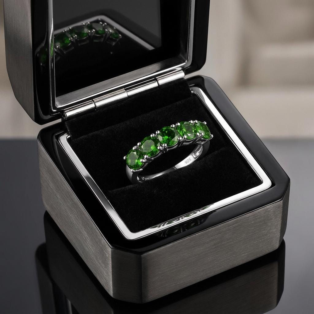 Vintage 1990s Sterling Silver Chrome Diopside Ring Size UK O, US 7 Hallmarked