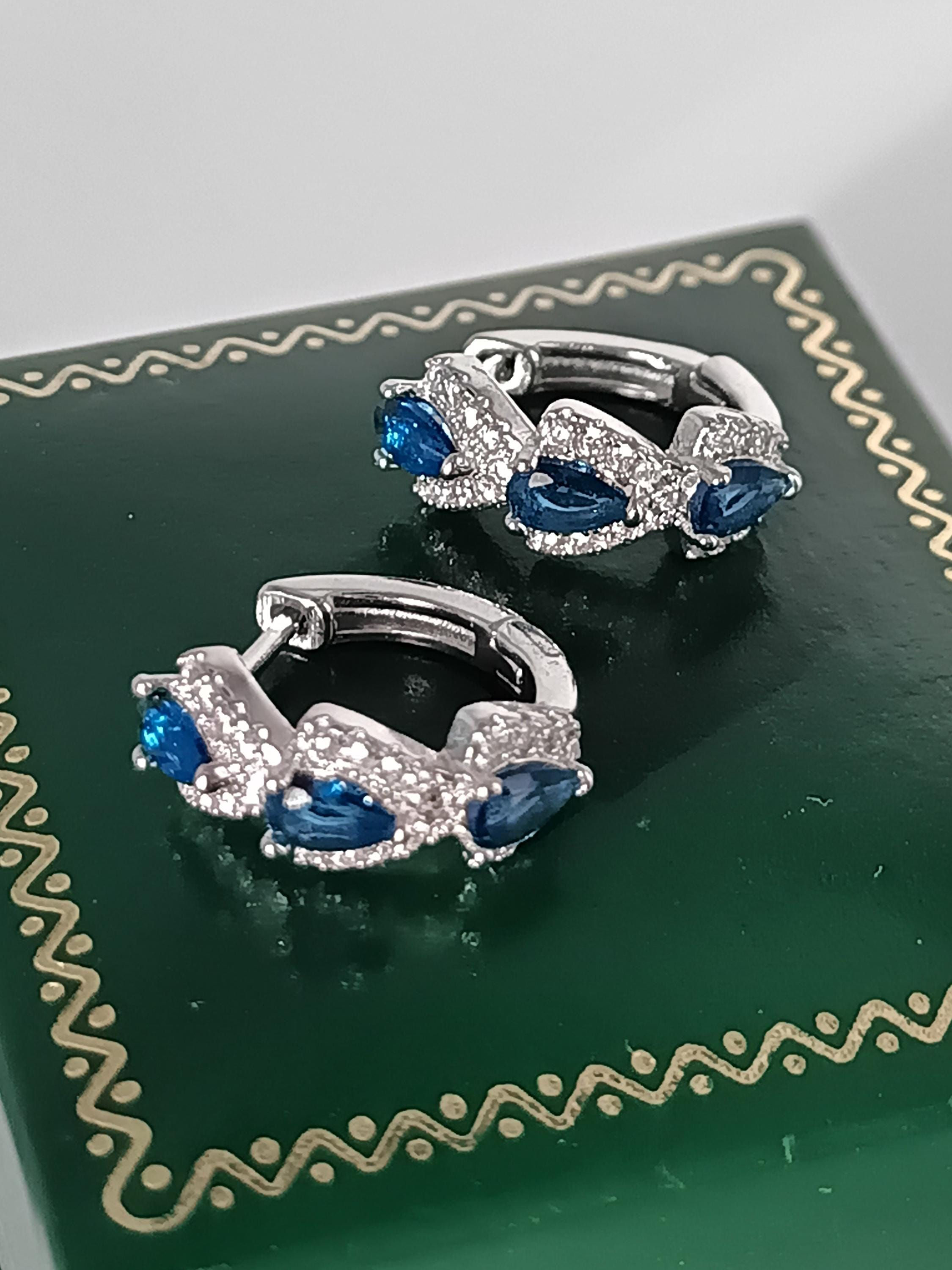 Vintage 1990-s 925 Sterling Silver Sapphire Earrings Hallmarked