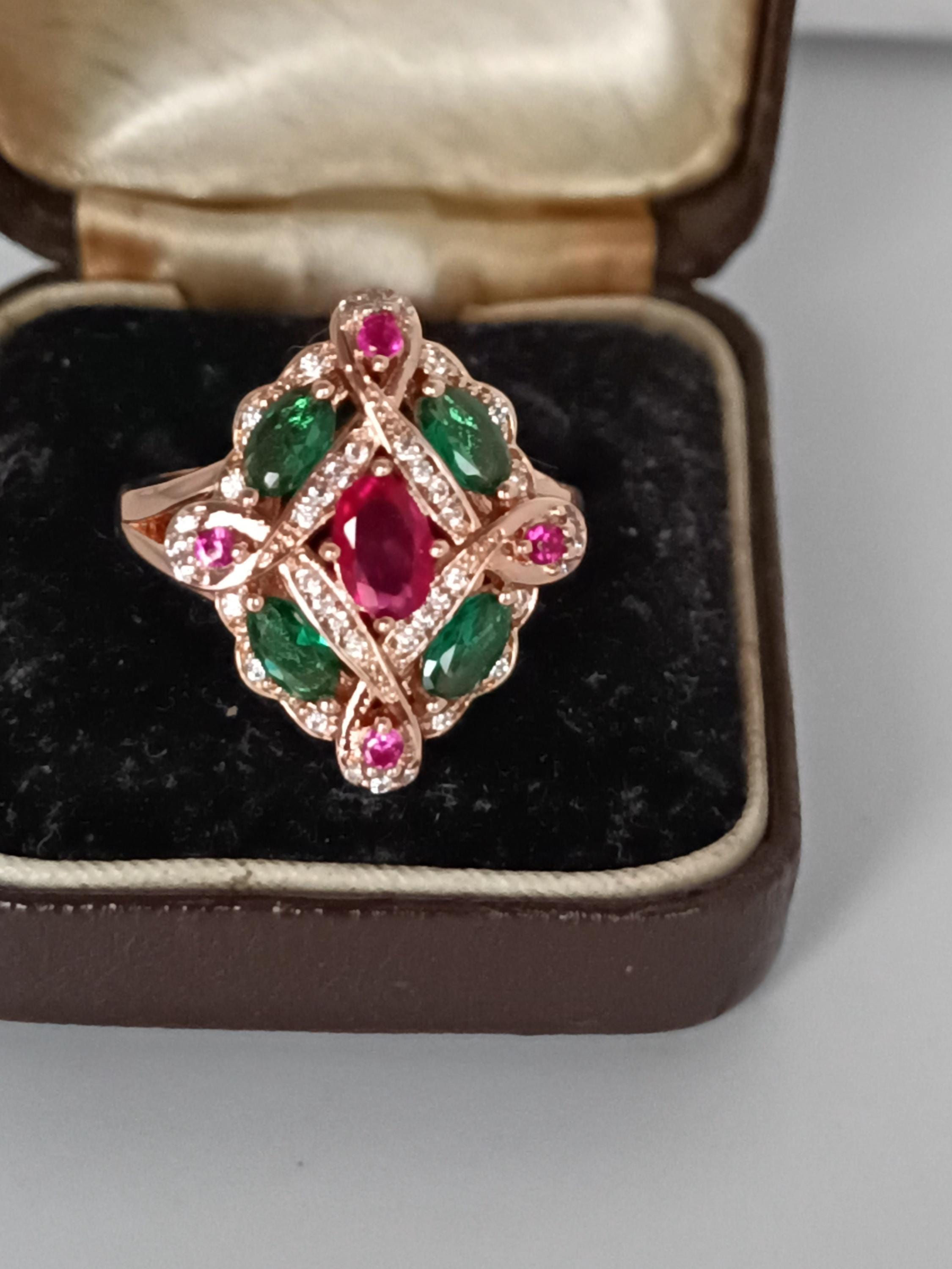 Vintage 14K Rolled Gold Ruby Emerald Ring - UK Size M US 6 1/4-Hallmarked!!!