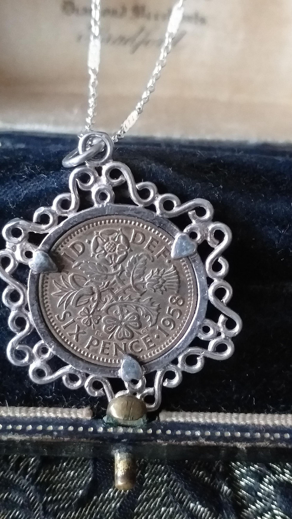 Thumbnail: Antique Vintage 1958 Silver Queen Elizabeth II Coin Pendant on 18 inch Chain