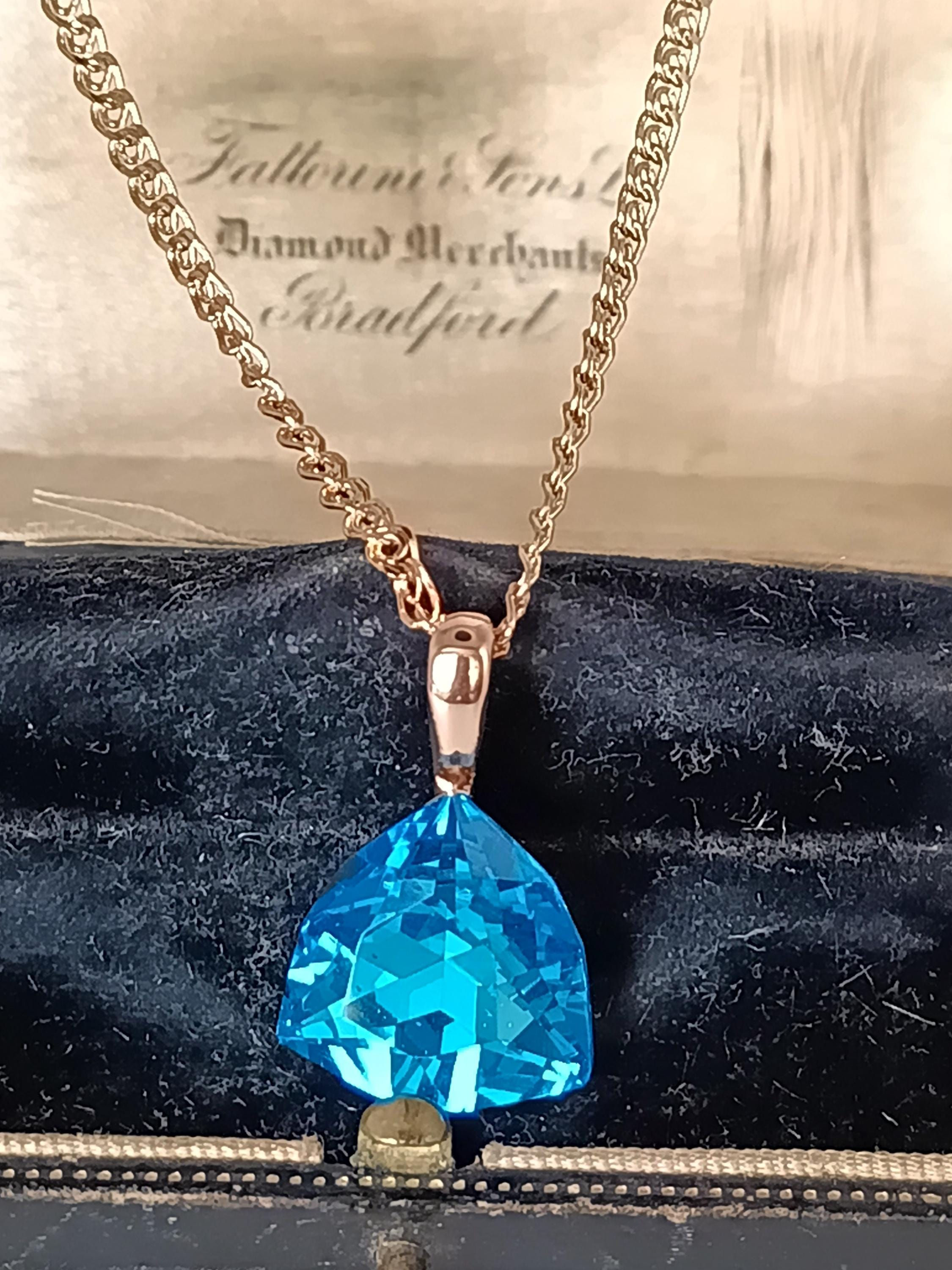 Vintage 1990-s 14 CT Rolled Gold Blue Topaz Pendant on Chain-Hallmarked 585 RG