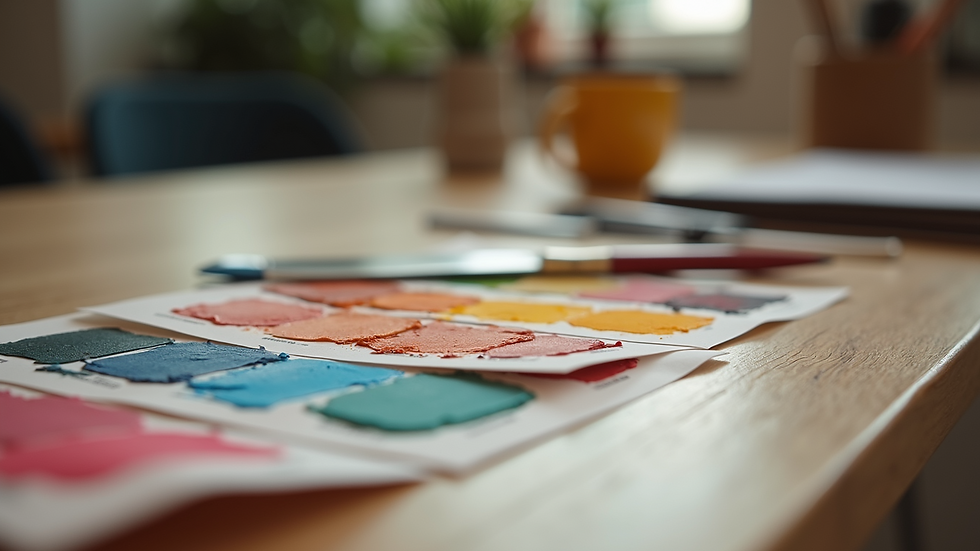Close-up view of paint swatches on a wooden table