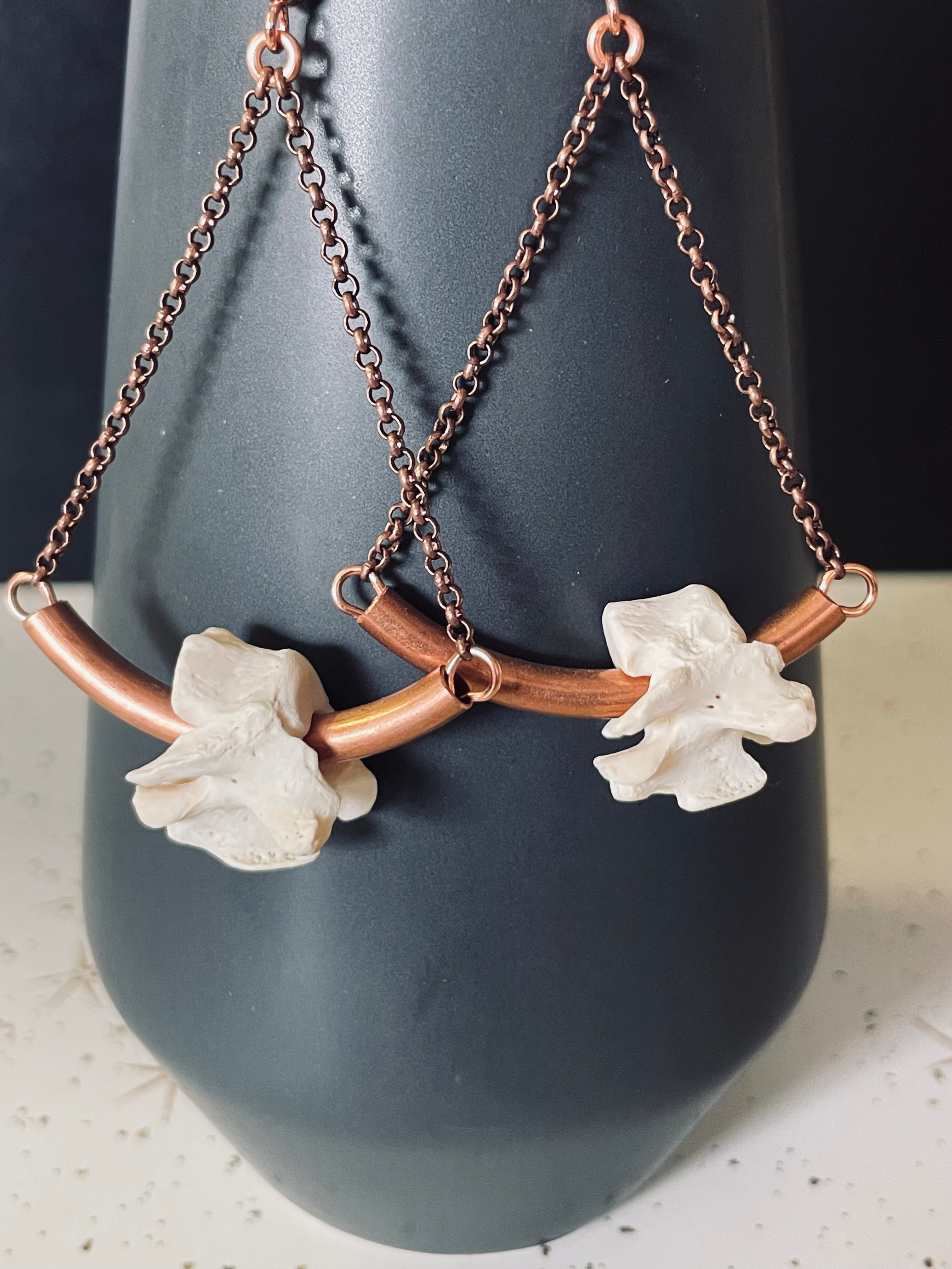 Copper earrings with skunk vertebrae dangle from a black vase holding dried poppies