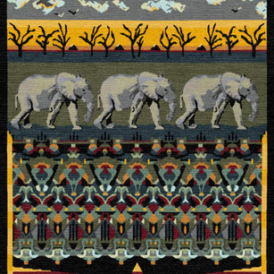 Elephant Sunset Walk: hand-knotted tapestry in Tibetan Wool