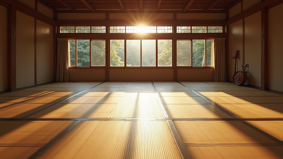 High angle view of a training dojo with mats