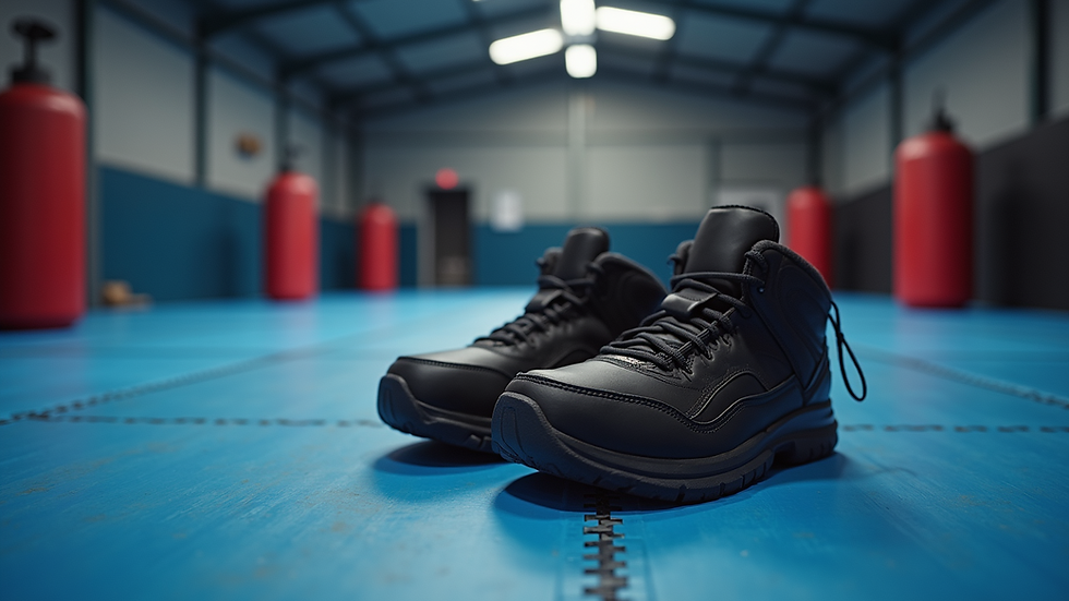 Eye-level view of a training mat with defensive gear neatly arranged