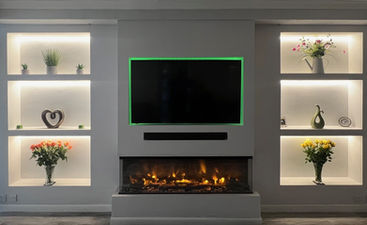 Luxury living room with fireplace and shelving