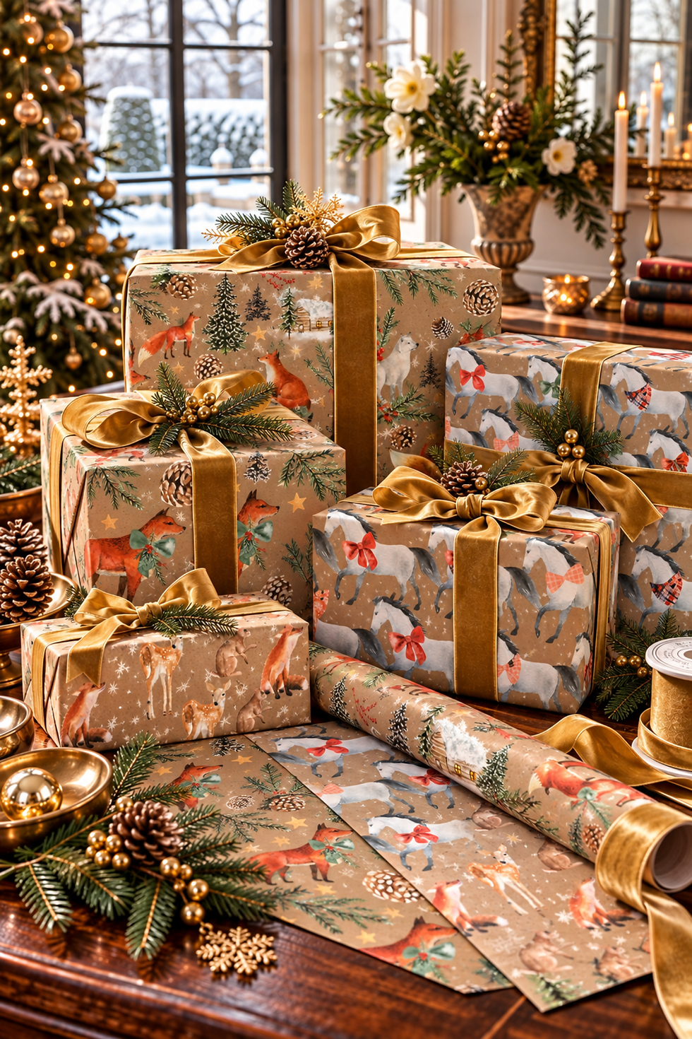 elegant winter animals on kraft christma wrapping paper