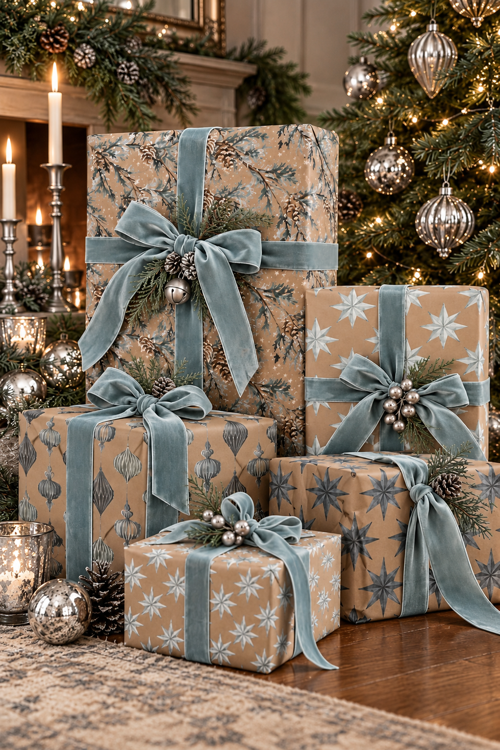 vintage ornaments and metallic stars illustrated kraft christmas gift wrapping paper