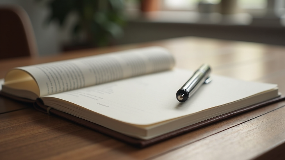 Close-up view of a journal and pen on a wooden table during a personal development workshop
