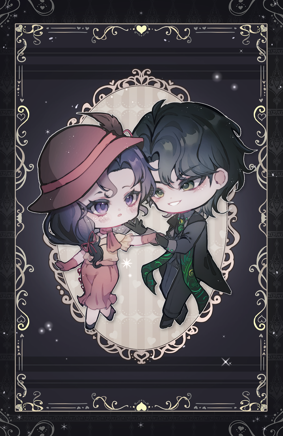 The Scarlet Songbird gothic chibi character art featuring Evelyn Rodgers and Carthus Keswick