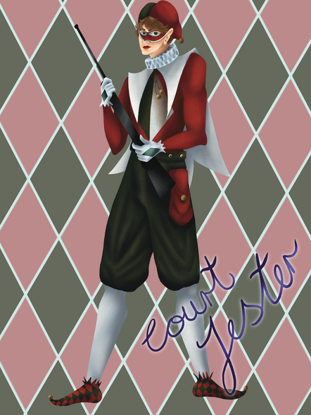 Fill body digital illustration of a young man in a costume inspired by Jester costumes. His costume is white, dark red and dark green. The background is composed of diamond shapes in lighter versions of the colours from his clothes. There is handwritten text that says "Court Jester" in the bottom right of the image.