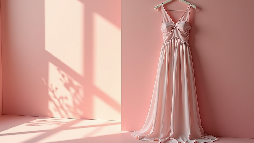 Eye-level view of a pastel-hued maxi dress hanging elegantly