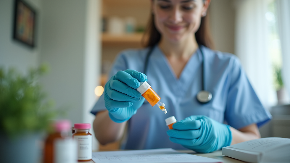 Close-up view of a nurse preparing medication in a home care setting